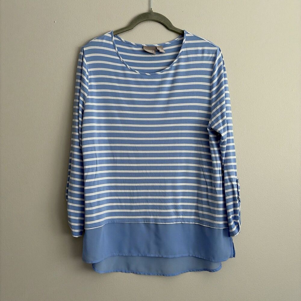 Chicos Womens Stretch Knit Blue White Striped Top Size 1 Medium Soft Stretch